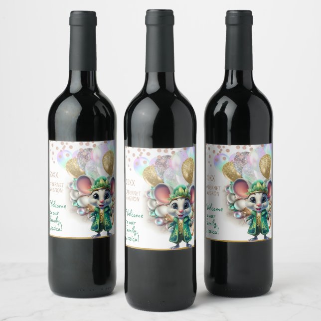 Adorable Magician Mouse Mardi Gras style custom  Wine Label (Bottles)