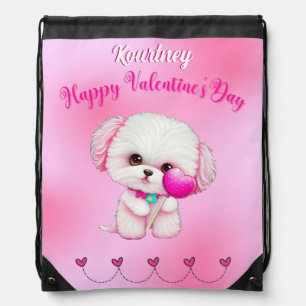 Adorable Maltese Puppy Happy Valentine's Day Drawstring Bag