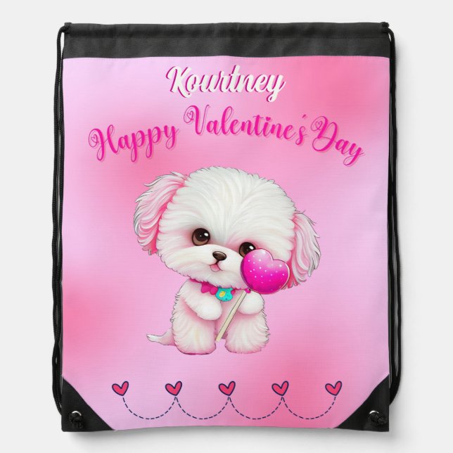 Adorable Maltese Puppy Happy Valentine's Day   Drawstring Bag (Front)