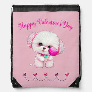 Adorable Maltese Puppy Happy Valentine's Day Drawstring Bag