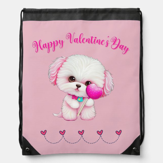 Adorable Maltese Puppy Happy Valentine's Day   Drawstring Bag (Front)