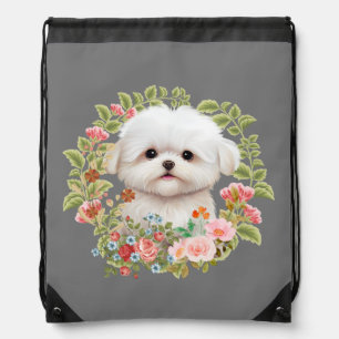 Adorable Maltese Puppy in Bloom, Maltese Dog lover Drawstring Bag