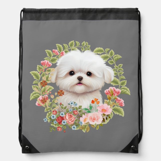 Adorable Maltese Puppy in Bloom, Maltese Dog lover Drawstring Bag (Front)