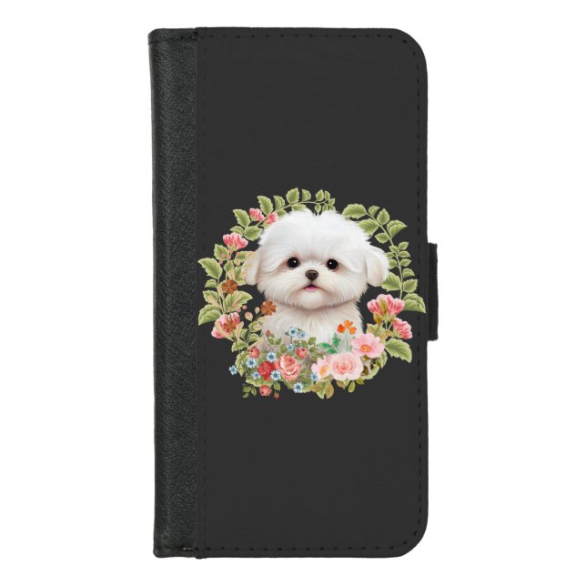 Adorable Maltese Puppy in Bloom, Maltese Dog lover iPhone Wallet Case (Front)