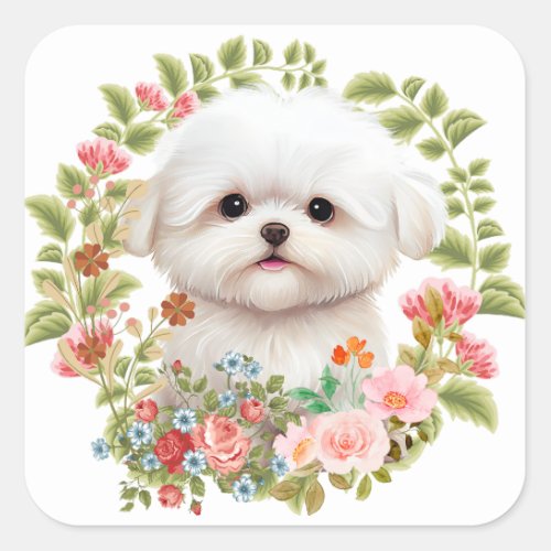 Adorable Maltese Puppy in Bloom Maltese Dog lover Square Sticker