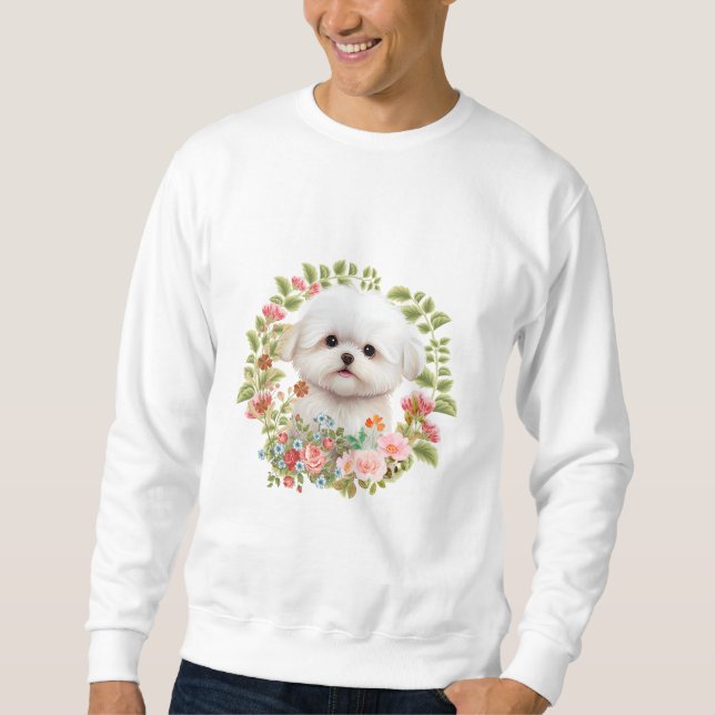 Adorable Maltese Puppy in Bloom, Maltese Dog lover Sweatshirt (Front)