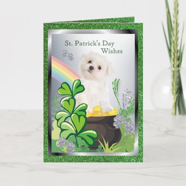 Adorable Maltese Puppy - St. Patrick’s Day Message Card (Front)