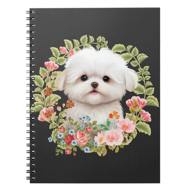 Adorable Maltese Puppy Surrounded by Flowers Notebook (Front)