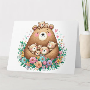 Adorable mama bear with seven cubs card