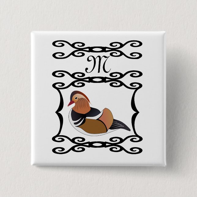 Adorable Mandarin Duck Cartoon Monogram Button (Front)