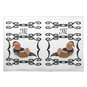 Adorable Mandarin Duck Cartoon Monogram Cloth Placemat