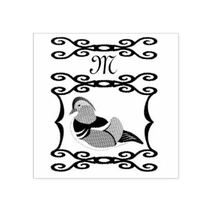 Adorable Mandarin Duck Cartoon Monogram Rubber Stamp