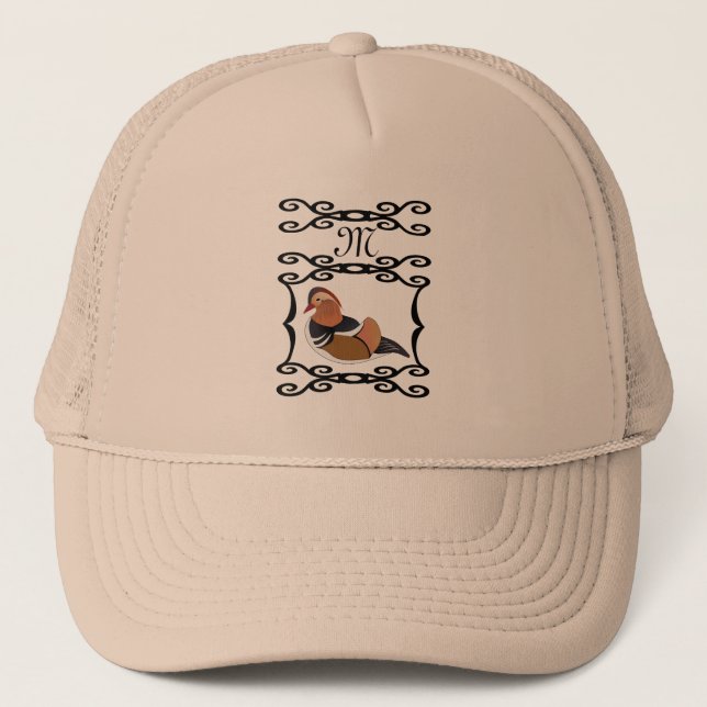 Adorable Mandarin Duck Cartoon Monogram Trucker Hat (Front)