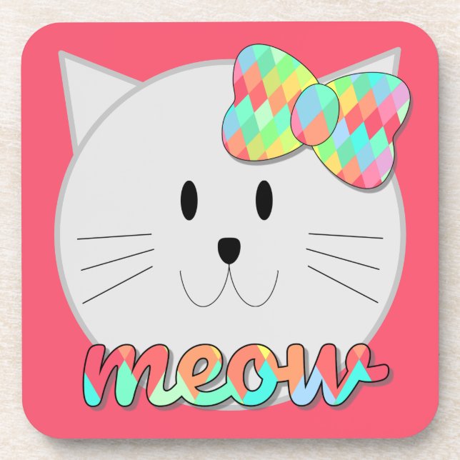 Adorable Meow Kitty with Rainbow Bow for Girls Beverage Coaster (Front)