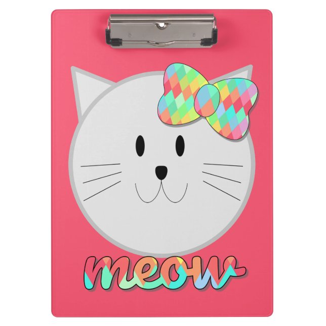 Adorable Meow Kitty with Rainbow Bow for Girls Clipboard (Front)