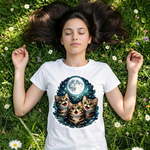 Adorable Meowing Cat Trio Under Full Moon Women's T-Shirt