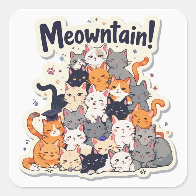 Adorable 'Meowntain' Funny Cat Stack Square Sticker (Front)