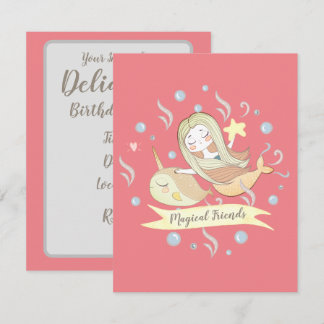 Adorable Mermaid and Narwhal Friends Invitation