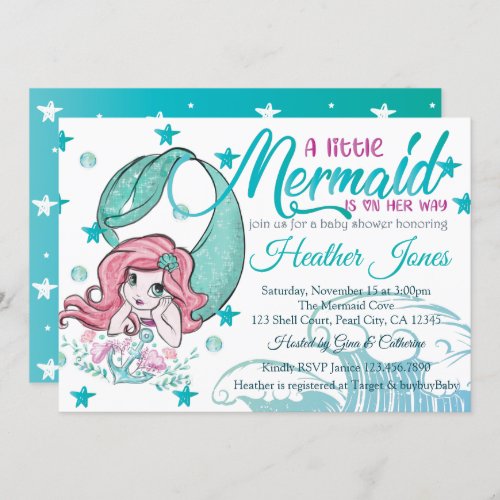 Adorable Mermaid illustration Baby Shower Invitation