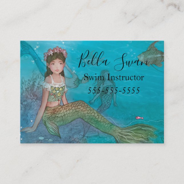 Adorable Mermaid Swimming Instructor Business Card (Front)