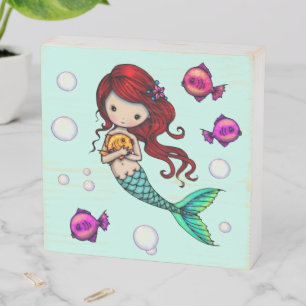Adorable Mermaid with Fish Nursery Art Wooden Box Sign