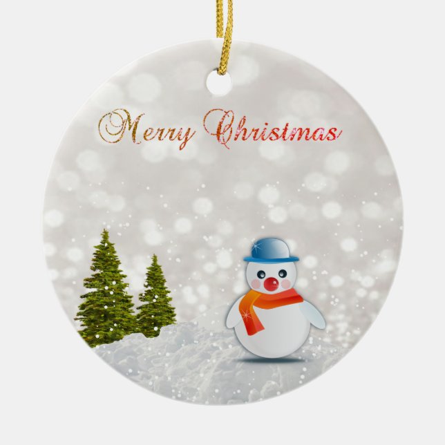 Adorable Merry Christmas,Christmas Tree,Snowman Ceramic Ornament (Front)
