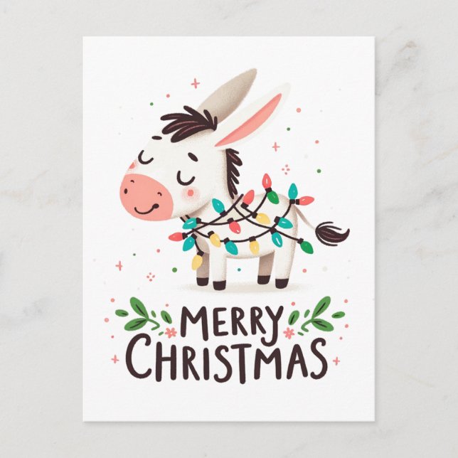 Adorable Merry Christmas Donkey Watercolor Lights Postcard (Front)