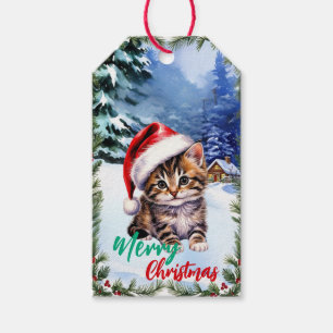 adorable Merry Christmas winter cat kitten santa  Gift Tags