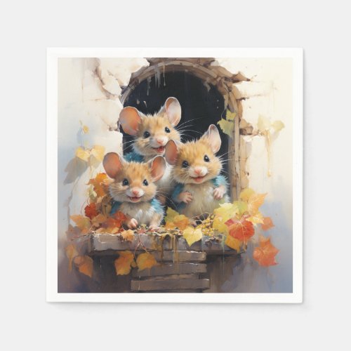 Adorable Mice Autumn Leaves Looking Out Window Napkins