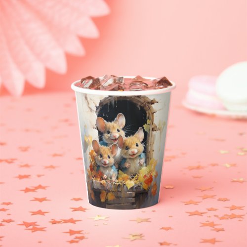 Adorable Mice Autumn Leaves Looking Out Window Paper Cups