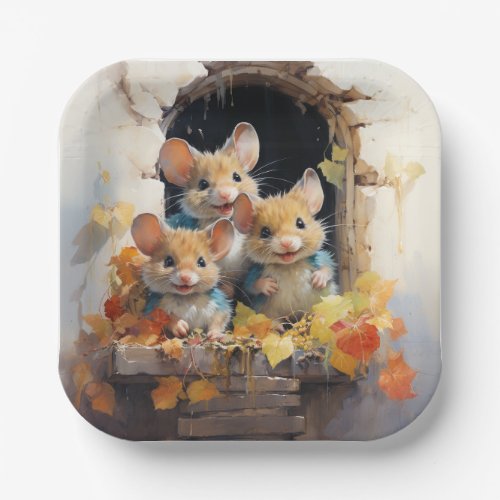Adorable Mice Autumn Leaves Looking Out Window Paper Plates
