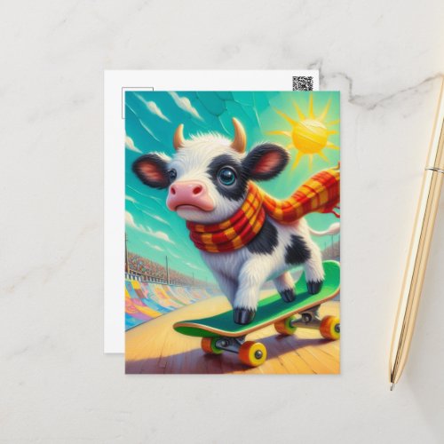 Adorable Mini Cow Skateboarding Postcard