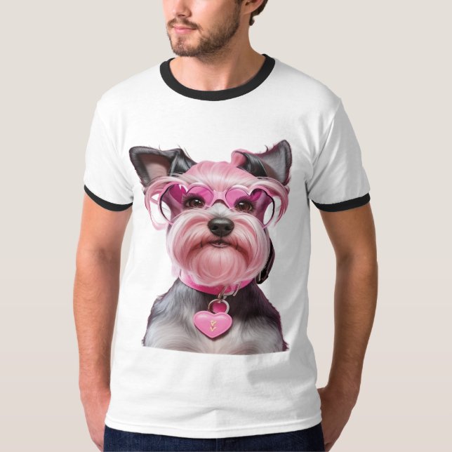 Adorable Miniature Schnauzer, Pink Locking Heart T-Shirt (Front)
