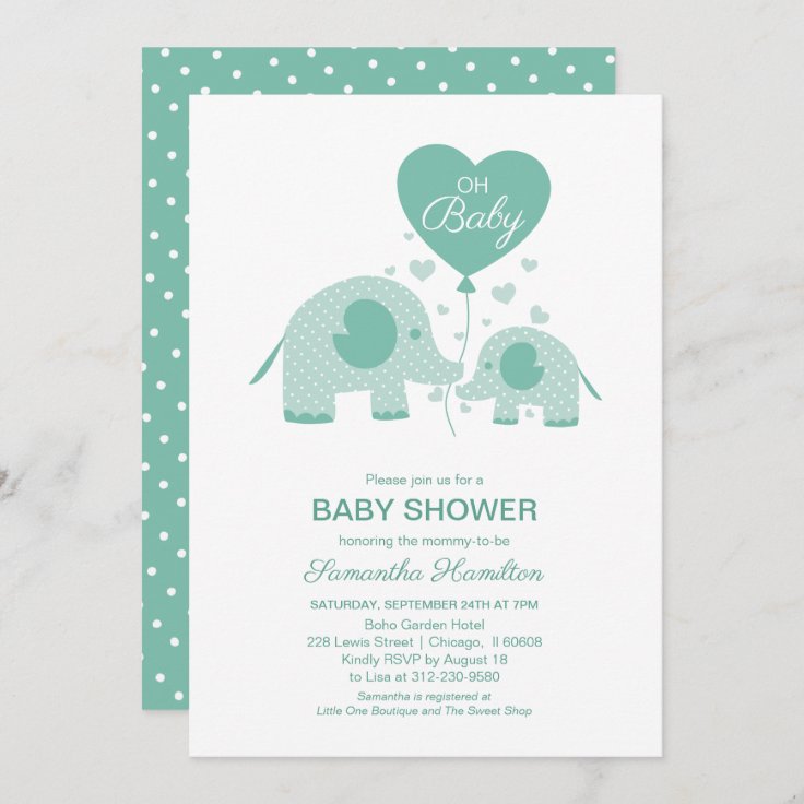 Adorable Mint Green Elephant Baby Shower Invitation | Zazzle