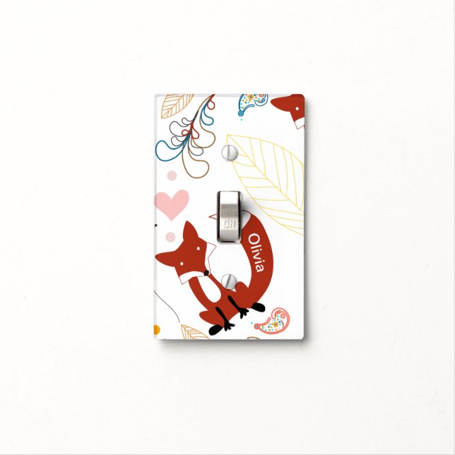 Adorable Modern Fox Cute Pink Heart LeaF Pattern Light Switch Cover (In Situ)