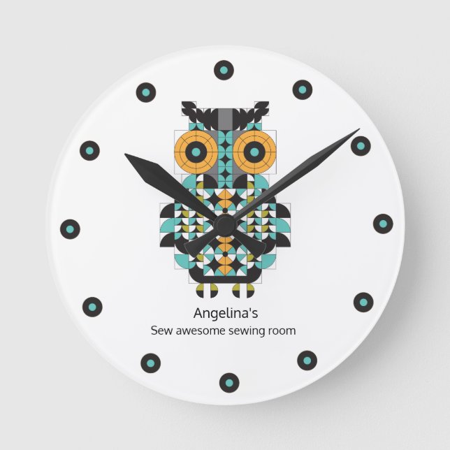 Adorable Modern Owl Quilt Pattern Wall Clock (Front)