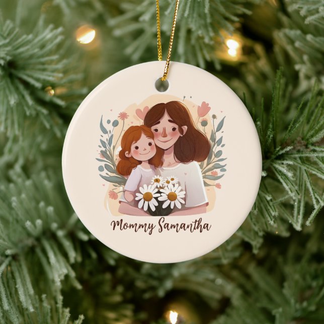 Adorable Mom and Daughter Bond - Floral Frame (2) Ceramic Ornament (Tree)