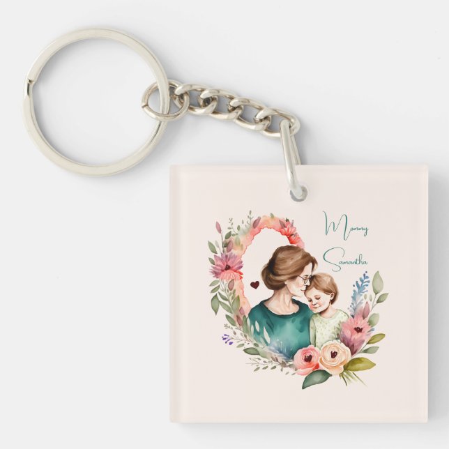 Adorable Mom and Daughter Bond - Floral Frame (4) Keychain (Front)