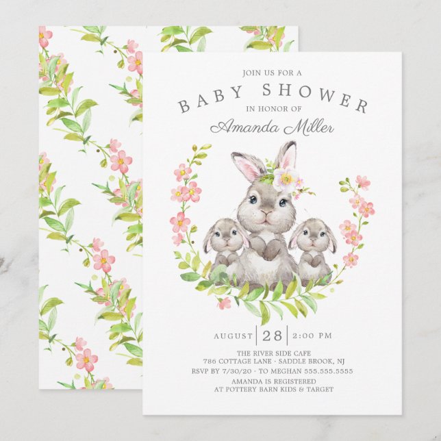 Adorable Mom & Baby Bunnies Twins Baby Shower Invitation (Front/Back)