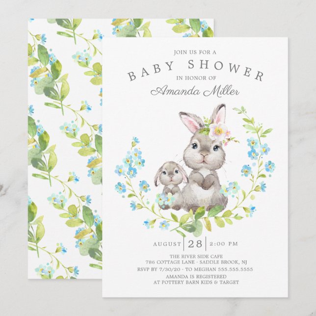 Adorable Mom & Baby Bunny Boys Baby Shower Invitation (Front/Back)
