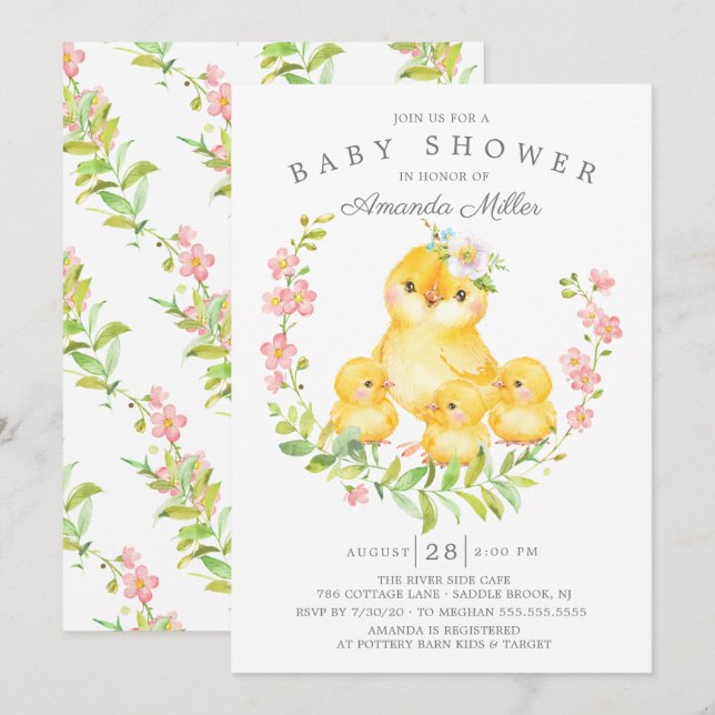 Adorable Mom & Baby Chicks Triplets Baby Shower Invitation (Front/Back)
