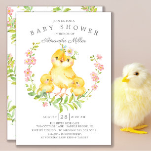 Adorable Mom & Baby Chicks Twins Baby Shower Invitation