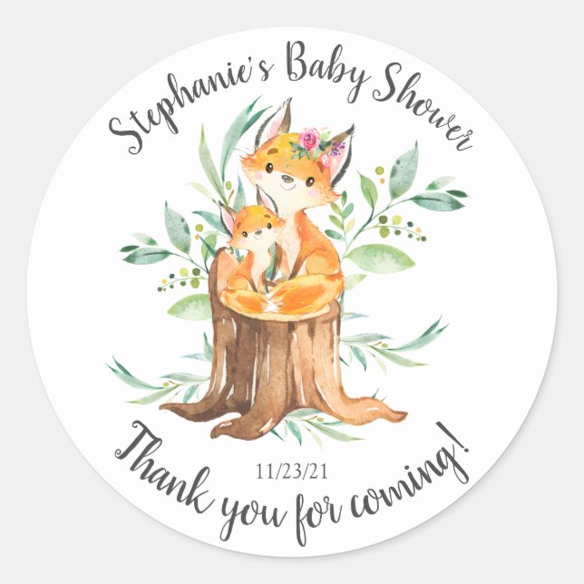 Adorable Mom & Baby Fox Baby Shower Favor Classic Round Sticker (Front)