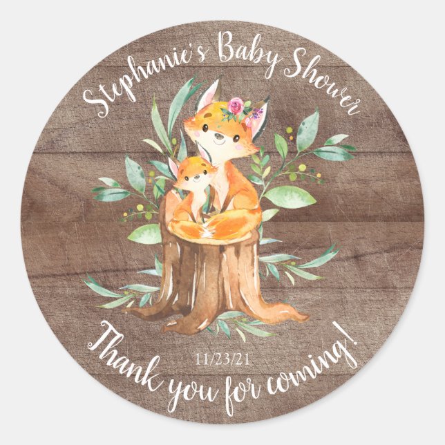 Adorable Mom & Baby Fox Baby Shower Favor Classic Round Sticker (Front)