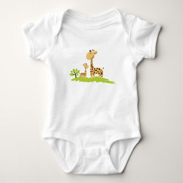 Adorable Mom & Baby Giraffe Green & Yellow Baby Bodysuit (Front)