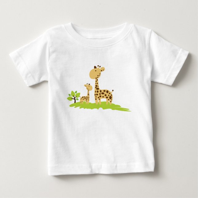 Adorable Mom & Baby Giraffe Green & Yellow Baby T-Shirt (Front)