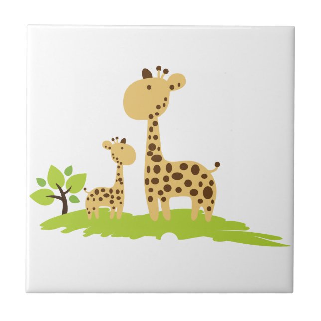 Adorable Mom & Baby Giraffe Green & Yellow Ceramic Tile (Front)