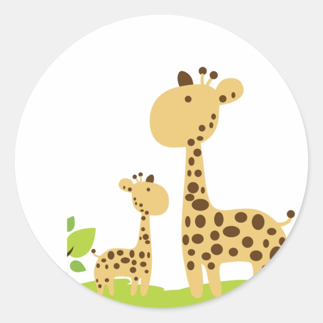 Adorable Mom & Baby Giraffe Green & Yellow Classic Round Sticker (Front)