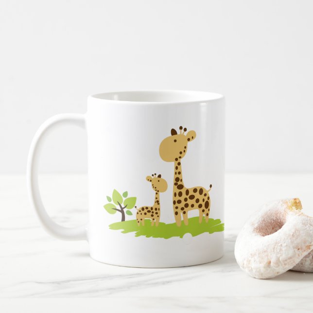 Adorable Mom & Baby Giraffe Green & Yellow Coffee Mug (With Donut)