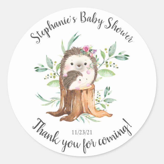 Adorable Mom & Baby Hedgehog Baby Shower Favor Classic Round Sticker (Front)